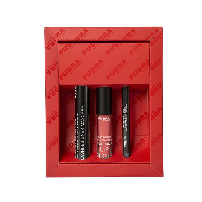 Pudra Cosmetics Action Set | Pink beige crystals lip gloss, automatic pencil and mascara